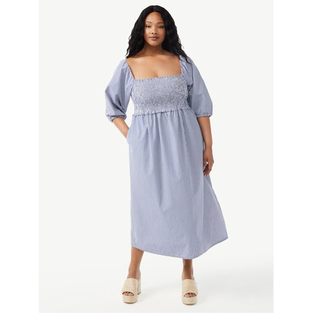 Free Assembly Women's Smocked Midi Dress with Convertible Sleeves - Walmart.com | Walmart (US)