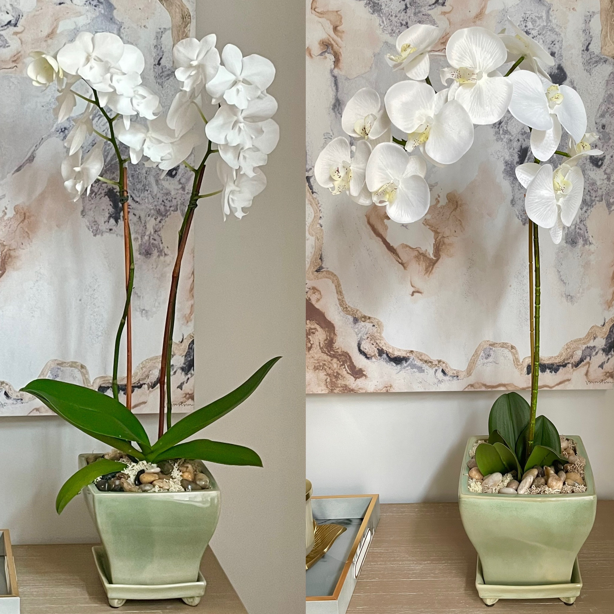 When my real orchids lose all their blooms, I replace them with a faux one. I style it the same way the real one came from the florist. Tip: You can bunch two or three together in a larger vessel to make an impactful arrangement for an entryway or dining table. 

#LTKGiftGuide #LTKhome #LTKfamily