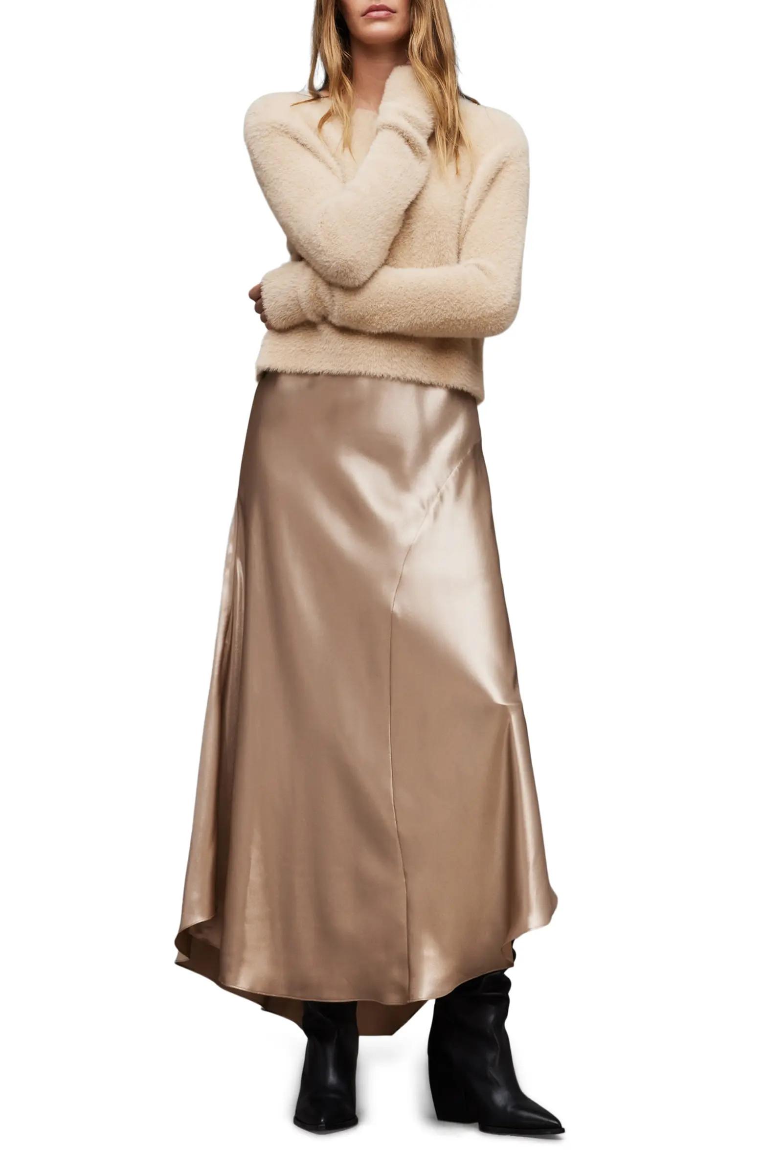 AllSaints Megan Satin Slipdress & Faux Fur Sweater | Nordstrom | Nordstrom