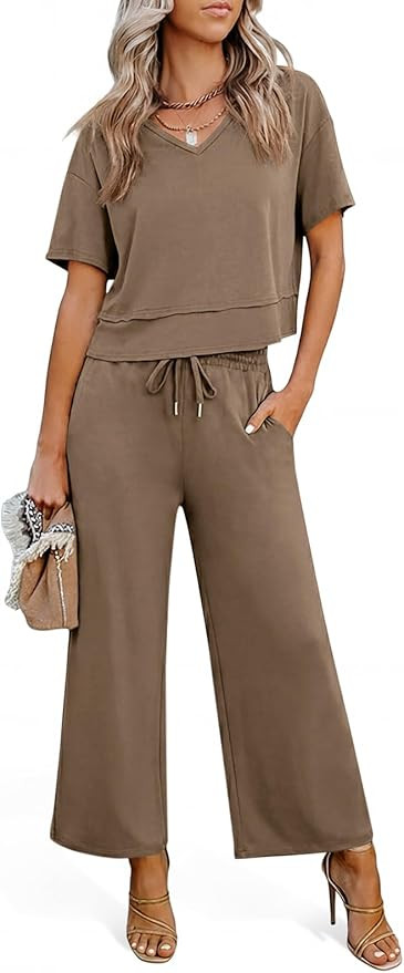 Tankaneo Womens 2 Piece Sets Casual Tracksuits Short Sleeve Tops Wide Leg Pants Outfits Lounge Se... | Amazon (US)