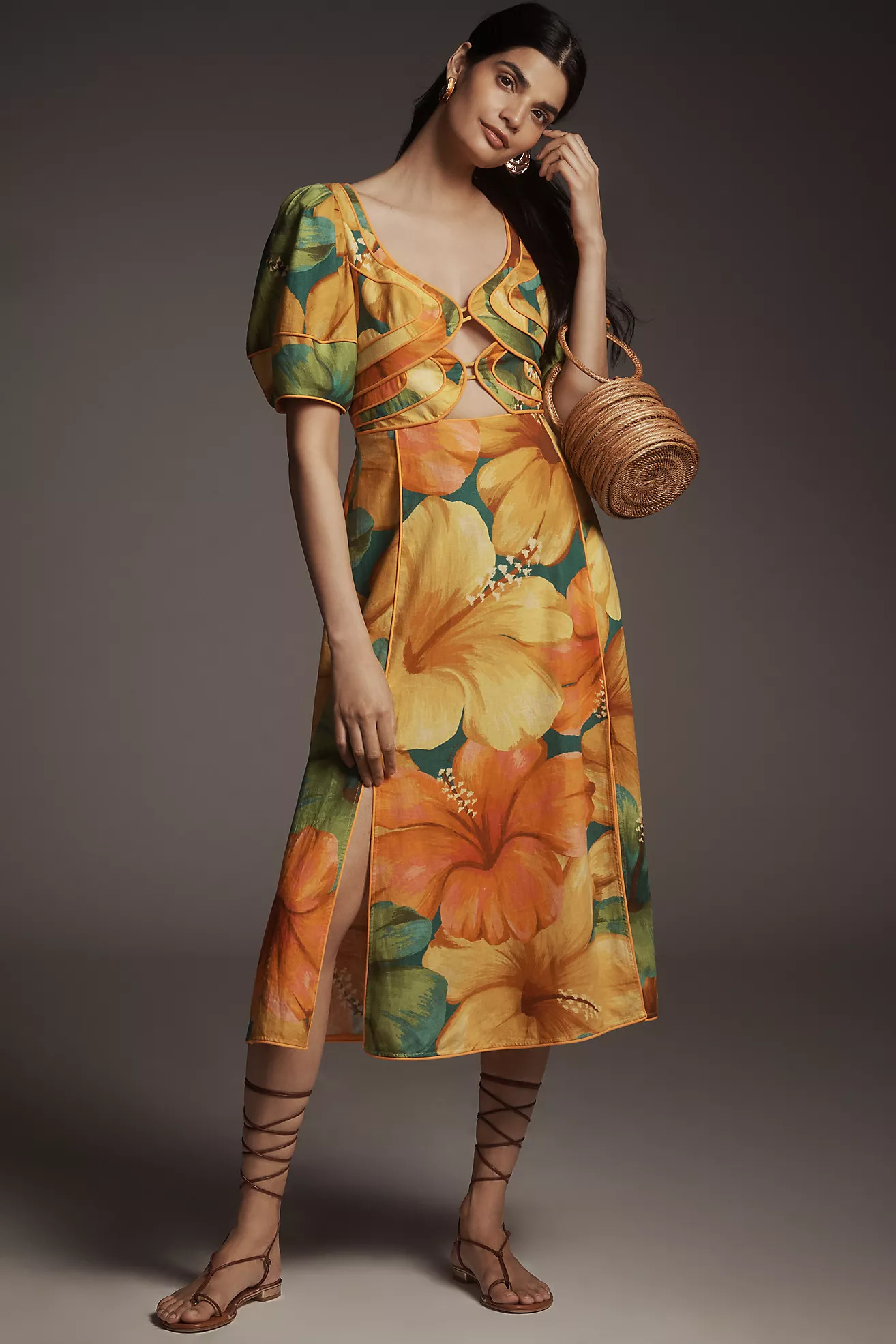 Farm Rio x Anthropologie Linen Blend Short-Sleeve Cutout Printed Midi Dress | Anthropologie (US)