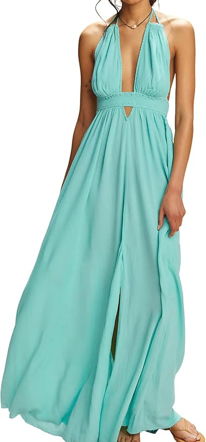 R.Vivimos Boho Maxi Dresses for Women 2026 Summer Sleeveless Halter Elastic Waist Sexy Backless F... | Amazon (US)
