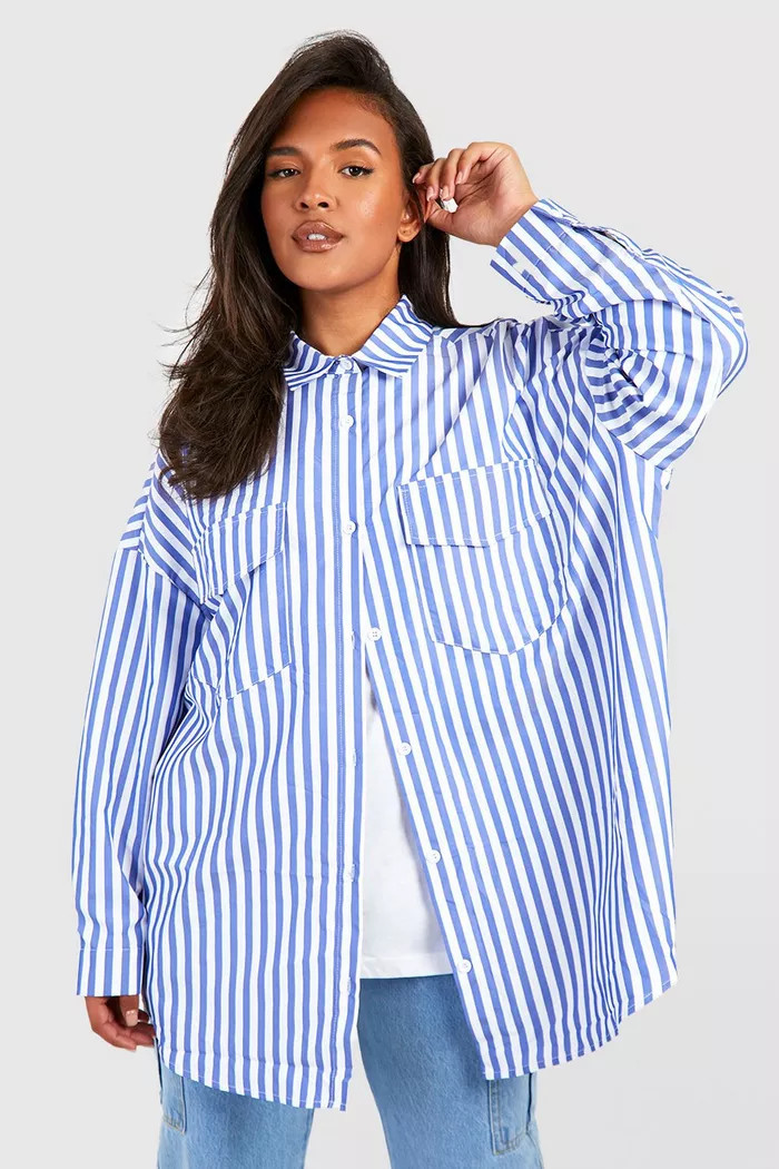 Plus Oversized Stripe Utility Shirt | boohoo (US & Canada)