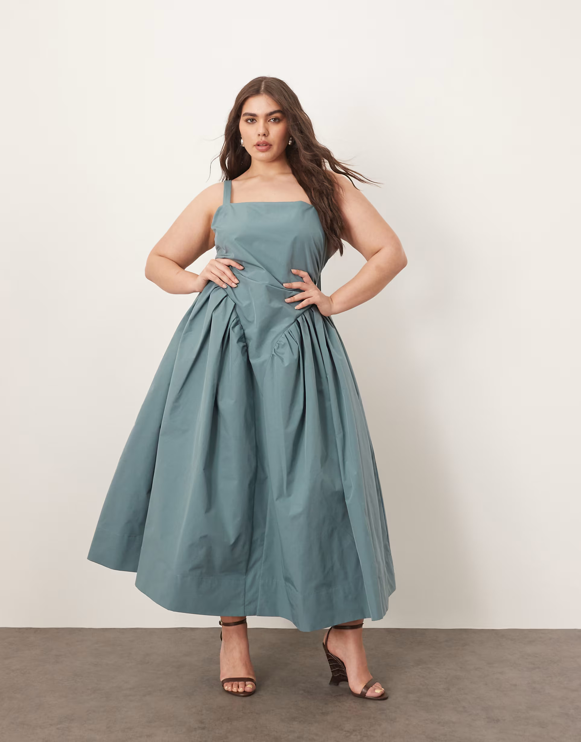 ARRANGE Curve strappy ruched bodice full skirt maxi dress in dusky blue | ASOS (Global)
