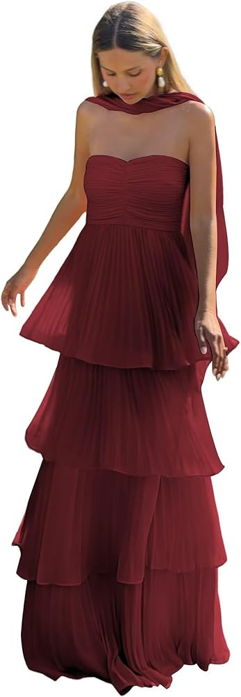 Strapless Bridesmaid Dress with Scarf Long Chiffon Ruched Tiered Maxi Dress Formal for Women NA19... | Amazon (US)
