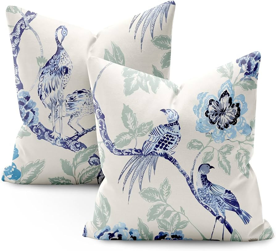 Hssyg Chinoiserie Pillow Covers 18x18 Set of 2,Blue and White Floral Birds Throw Pillow Covers Ou... | Amazon (US)
