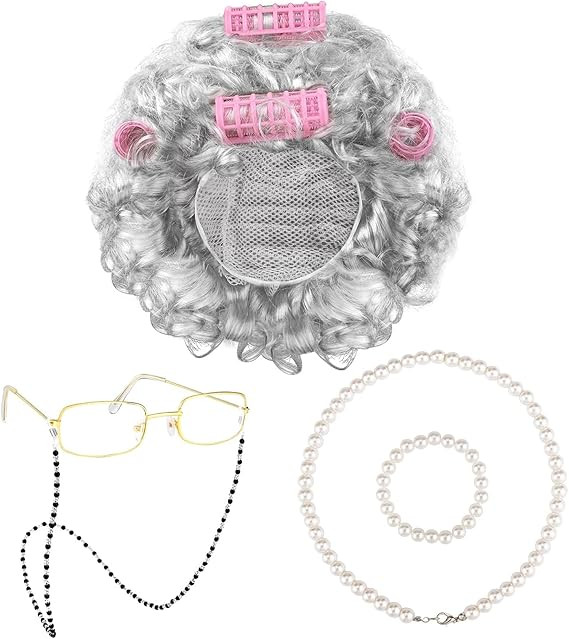 URATOT 5 Pieces Halloween Old Lady Wig Costume Set Grandma Wig Hair Rollers Glasses Chain Necklac... | Amazon (US)
