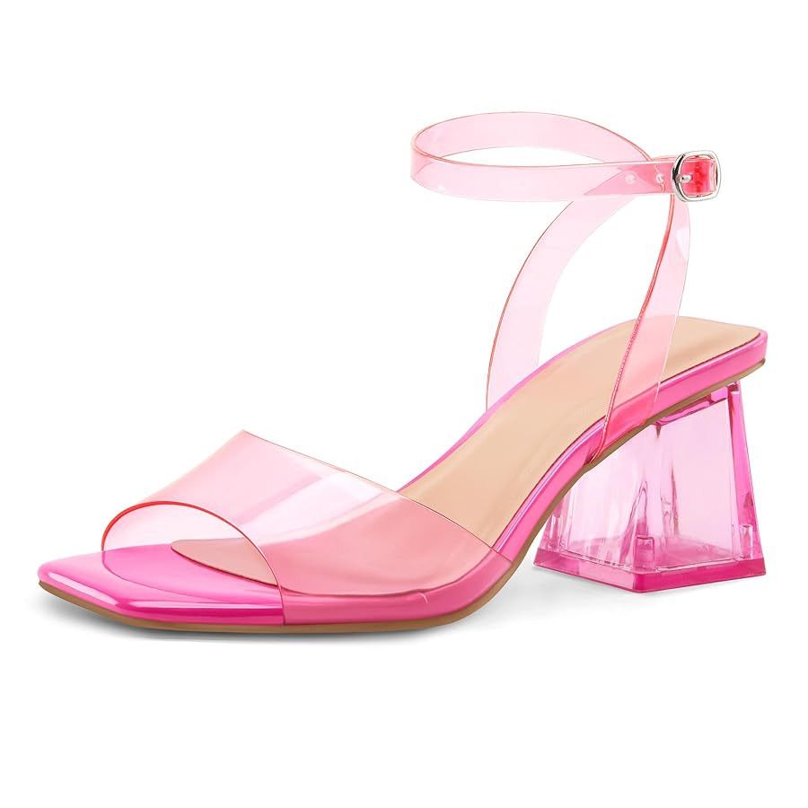 mysoft Women's Clear Heels Low Chunky Heel Open Toe Transparent Zebra Rhinestones Block Heeled Sa... | Amazon (US)