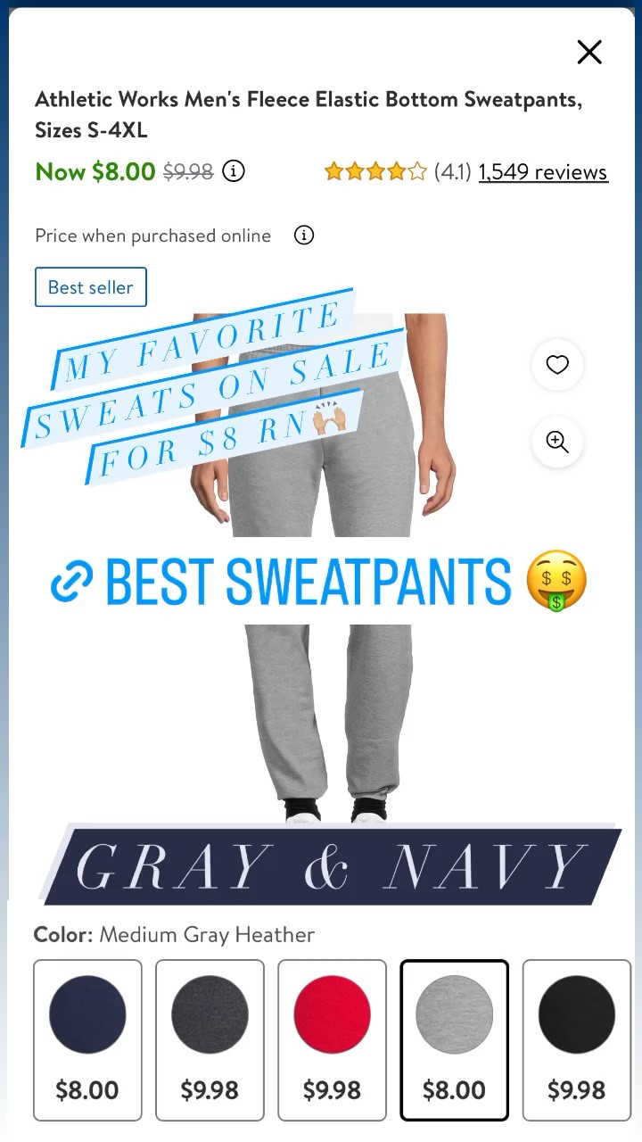 The BEST & my FAVORITE sweatpants from this last weeks “3 Walmart Outfits Under $100” YouTube video are currently on sale, for $8 🤑 Only gray & navy… RUN 🏃🏻‍♀️  #greysweatpant #menssweatpants #sweatpantsoutfits #menssweats 

#LTKmens #LTKFind #LTKxNSale