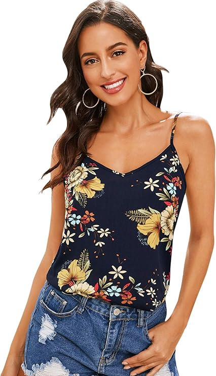 Romwe Women's Elegant Lightweight Sleeveless Floral Print V-Neck Cami Tank Top | Amazon (US)