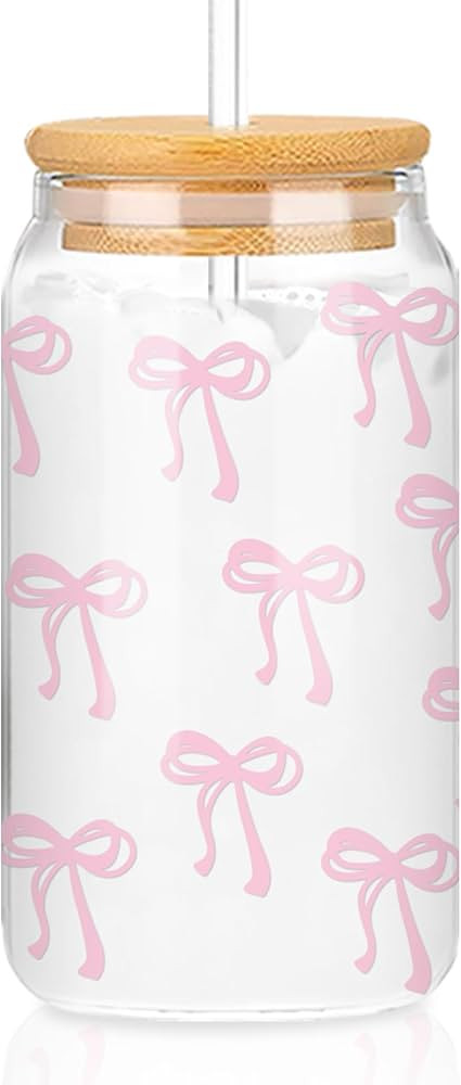 Whaline Pink Bow Drinking Glasses Ribbon Bow Iced Coffee Cup 16oz Pink Bow Glass Cup with Lids an... | Amazon (CA)