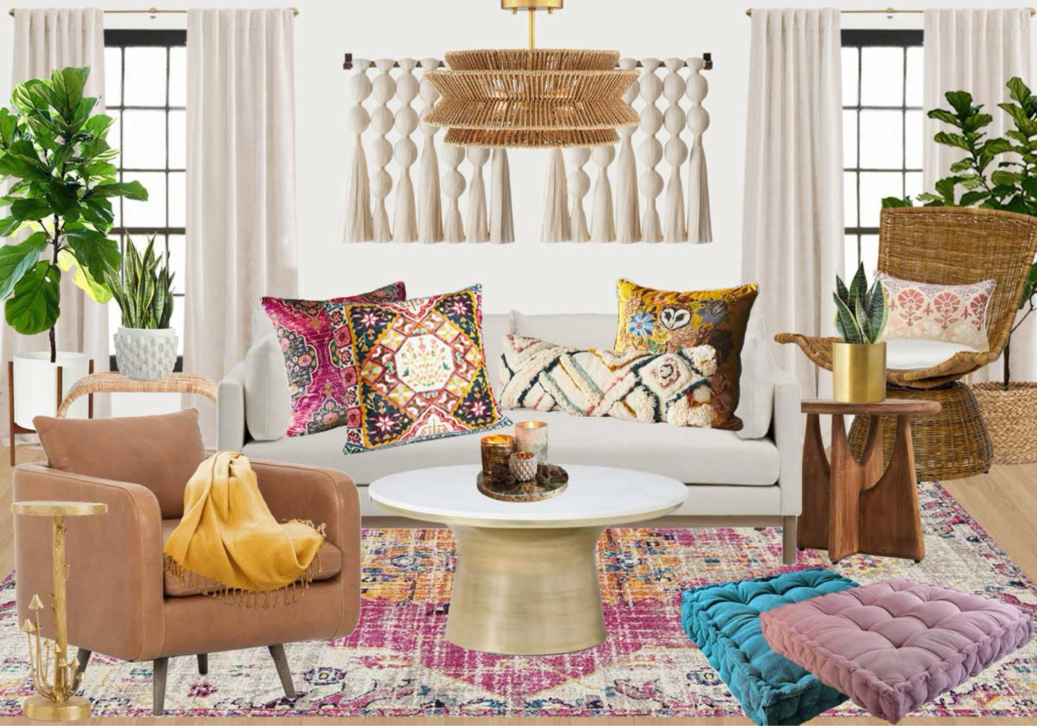 Bohemian Living Room Design Style // Creme Sofa With Wood Frame, Marble Topped Pedestal Coffee Table, wood side table, Oriental rug, rattan semi-flush light, rattan swivel chair, floor pillows, colorful throw pillows, leather accent chair

#LTKhome #LTKstyletip #LTKover40