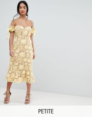 Jarlo Petite All Over Cutwork Lace Bardot Midi Dress With Tie Sleeve Detail | ASOS US