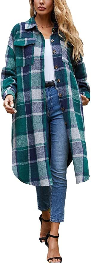 Omoone Women's Lounge Lapel Button Up Long Sleeve Plaid Long Shirt Jacket Shacket at Amazon Women... | Amazon (US)