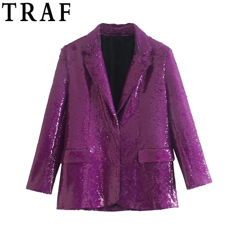 TRAF Glitter Purple Jacket Women Zar Sequin Blazer Woman Year Elegant Female Blazer Oversized Cas... | DHGate