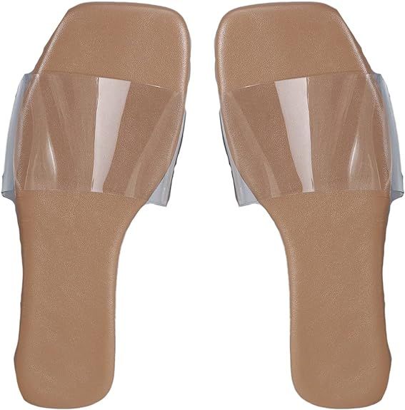 GORGLITTER Clear Sandals Transparent Flat Sandals Squre Open Toe Casual Slide Sandals | Amazon (US)