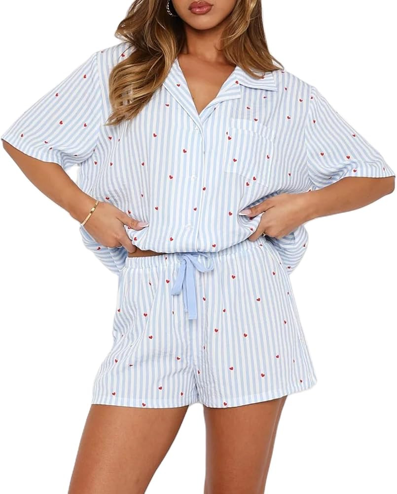 XBTCLXEBCO Women Valentines Pajama Sets Heart Print Short Sleeve Button Down Tops and Shorts 2 Pi... | Amazon (US)