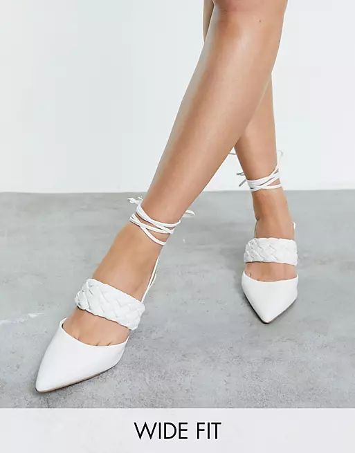 ASOS DESIGN Wide Fit Shani woven tie leg mid heeled shoes in white | ASOS (Global)