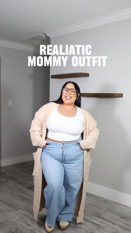 Realistic mommy outfit 

Amazon Top size xxl 
Target Jeans size 18 
Amazon Cardigan size xl 

#LTKVideo #LTKplussize