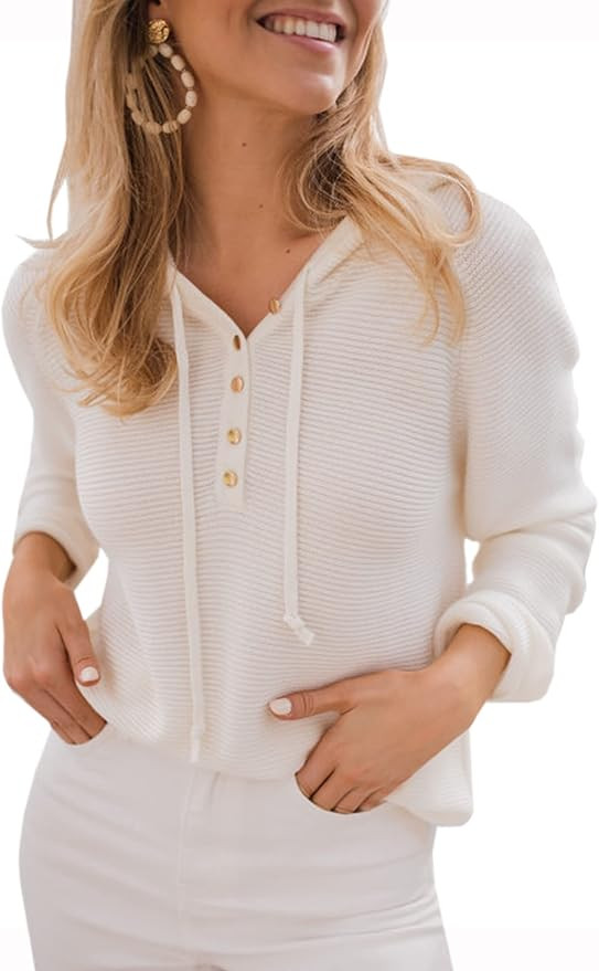 Angashion Women's Pullover Sweater Hoodies Casual Button Up V Neck Knitted Long Sleeve Hooded Swe... | Amazon (US)