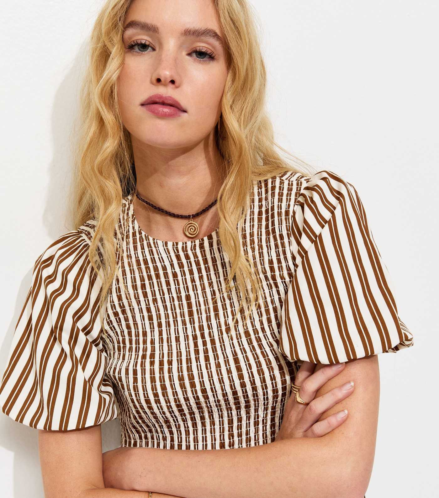 Brown Striped Puff Sleeves Shirred Smock Midi Dress | New Look | New Look (UK)