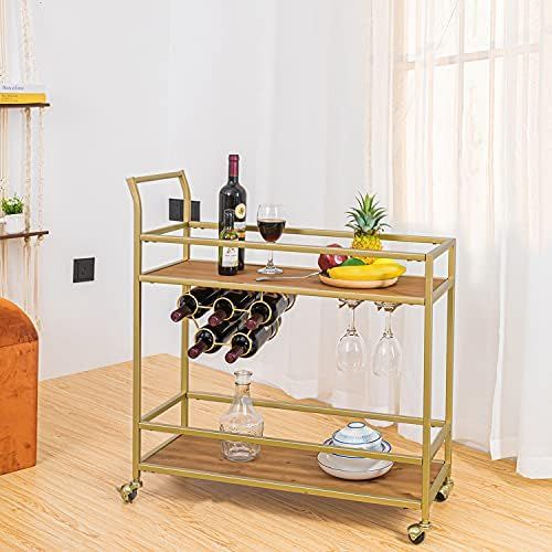 HAWOO Gold Bar Cart for Home with 2 Shelves, Mini Liquor Serving Wine Cart with Handle Rack for K... | Amazon (US)