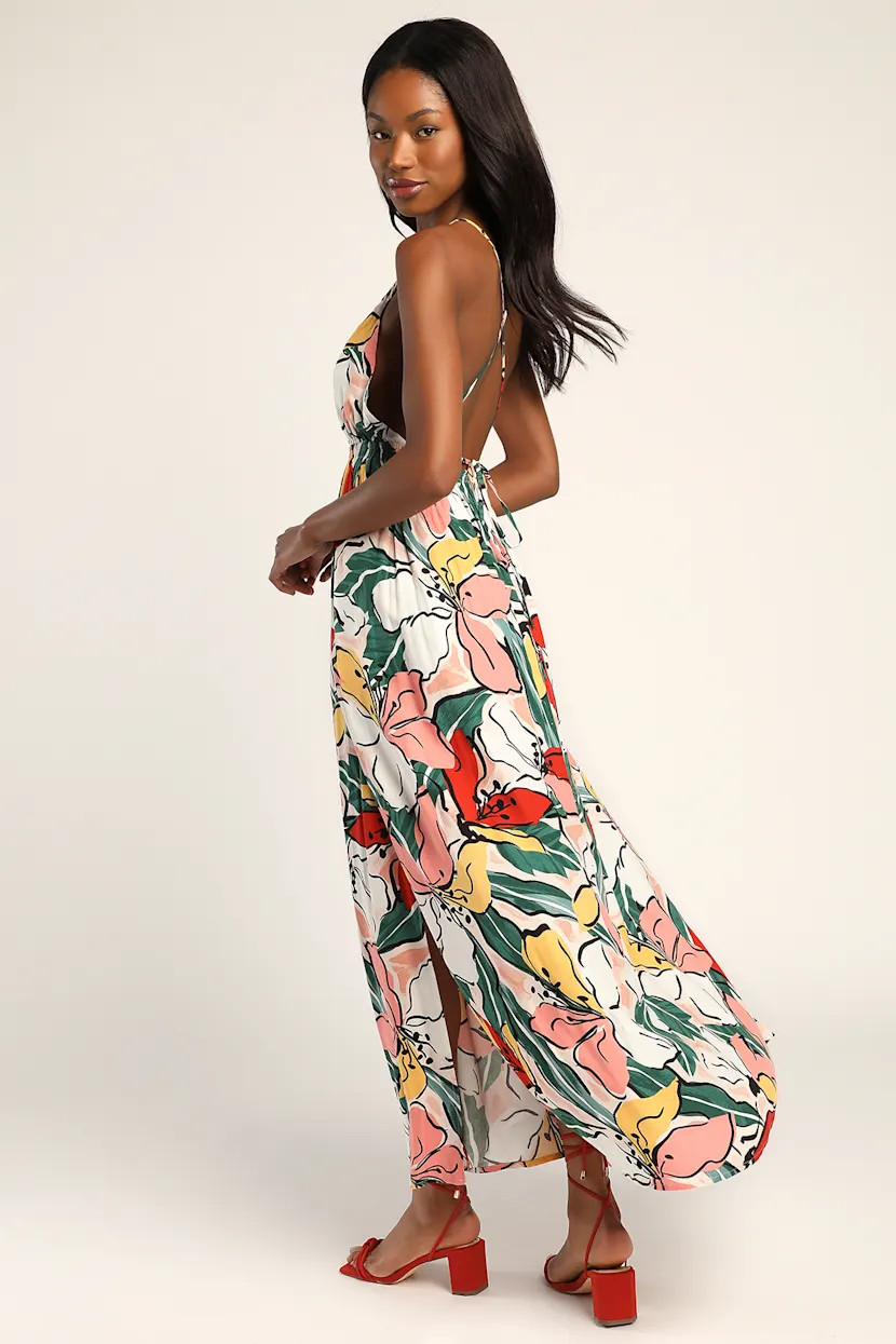 Island Beauty White Tropical Print Backless Maxi Dress | Lulus (US)