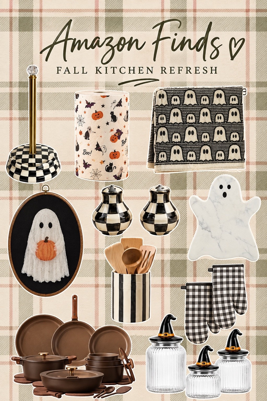 Fall Kitchen Refresh — all from Amazon! Checkered paper towel holder, pumpkin paper towels, ghost hand towel, checkered salt & pepper shakers, marble ghost dish, striped utensil crock, buffalo check oven mitts, brown cookware set, witch hat glass canisters. Cozy fall meets Halloween whimsy in the kitchen 🎃

Amazon fall kitchen decor, Halloween kitchen decor, checkered kitchen accessories, buffalo check oven mitts, ghost kitchen towel, pumpkin paper towels, witch hat mason jars, brown cookware set, fall home refresh, Amazon home finds