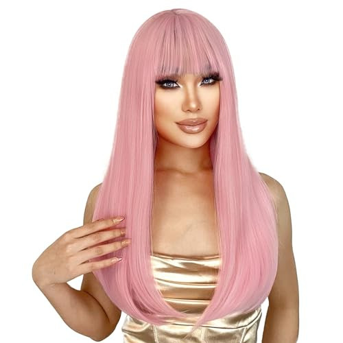 ENTRANCED STYLES Pink Wig for Women Long Straight Wigs with Bangs Light Pink Wigs for Hallween Cosplay Pastel Hair for Grils Charming Synthetic Colorful Cosplay Hairs for Party Daily Wear 22Inch | Amazon (US)