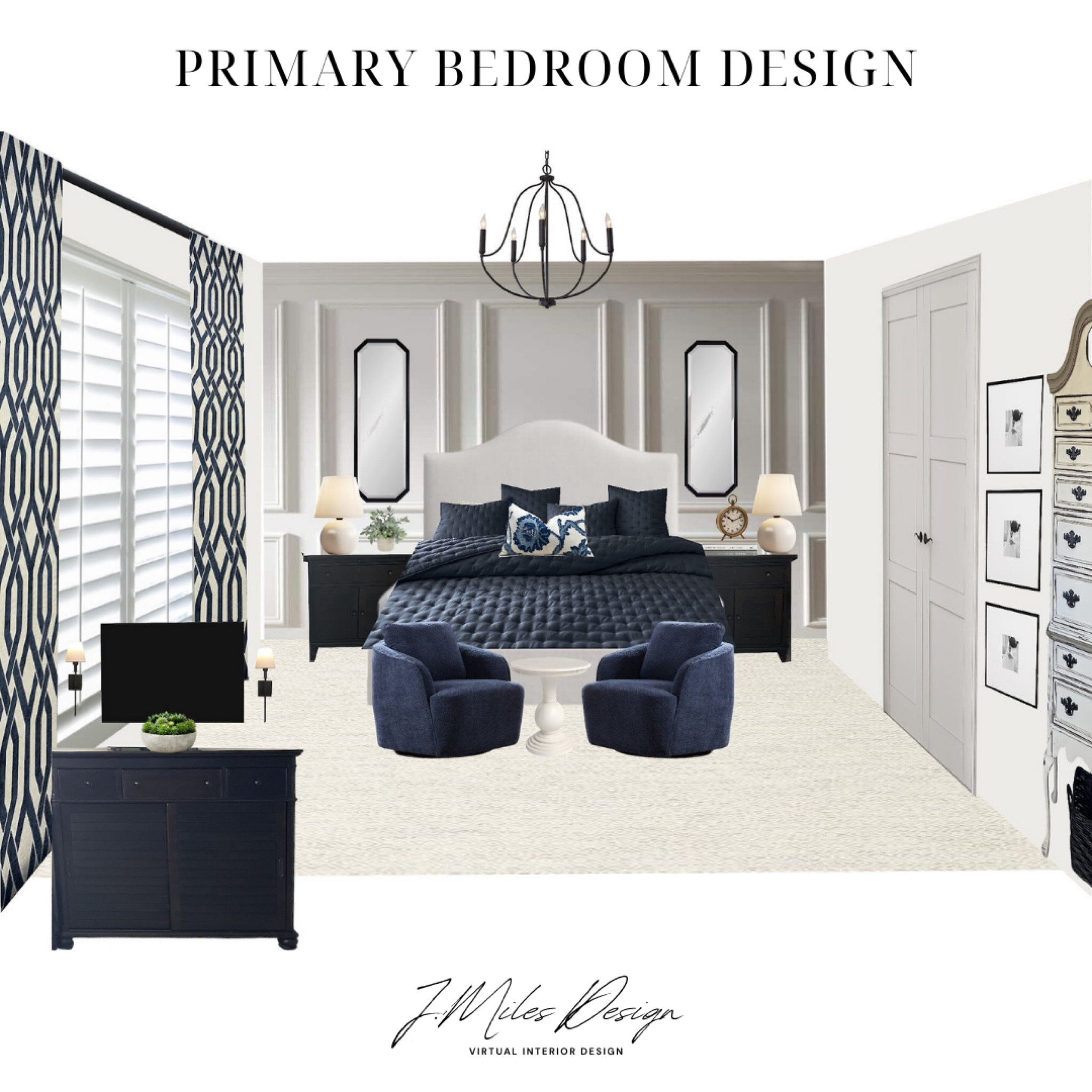 Luxurious navy and white primary bedroom featuring elegant paneling, a tufted headboard, and cozy seating. The bold geometric curtains and chic lighting accents add depth and sophistication to the serene space.

#LTKHome #LTKStyleTip