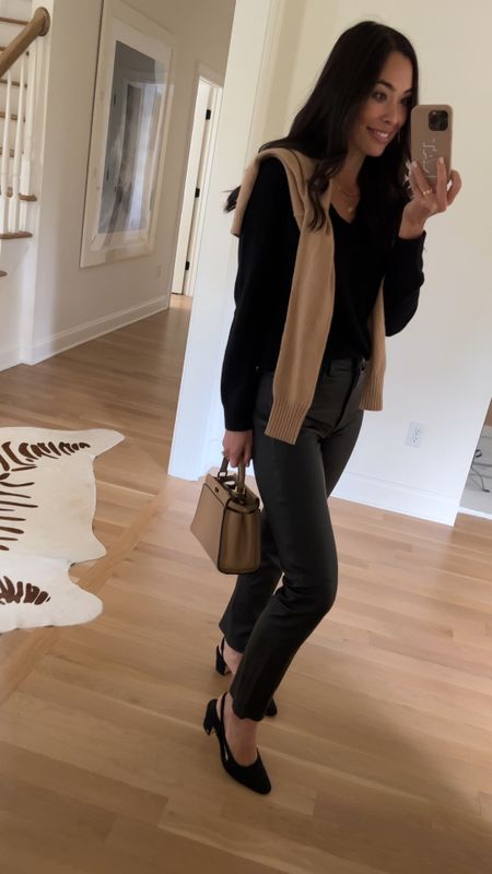 Kat Jamieson wears leather pants, cashmere v neck sweaters, a Fendi peekaboo designer bag, and Chanel slingback pumps to dinner. Classic style, neutral outfit, workwear, office, date night, elegant.

#LTKshoecrush #LTKSeasonal #LTKstyletip