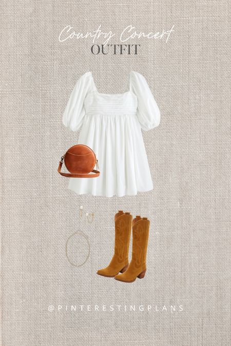 Country concert outfit idea. Western boots. Little white dress.

#LTKstyletip #LTKshoecrush #LTKitbag