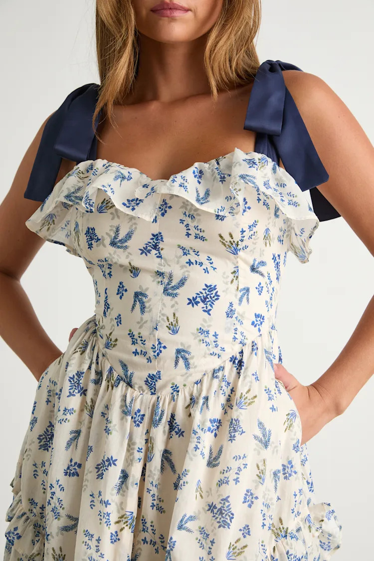 Candice Ivory Floral Ruffled Tie-Strap Midi Dress | Lulus