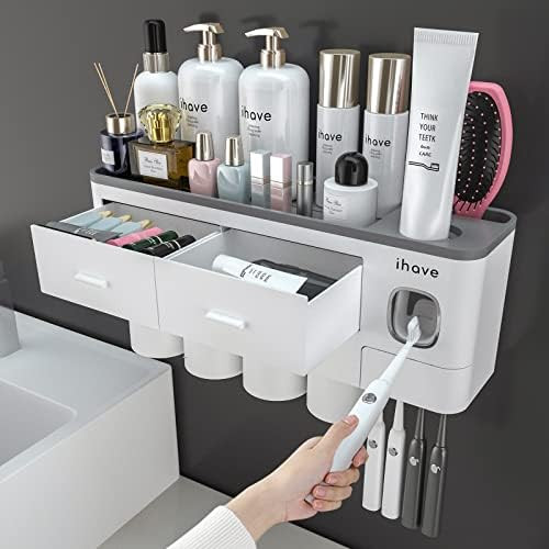 iHave Toothbrush Holders for Bathrooms, 4 Cups Toothbrush Holder Wall Mounted with Toothpaste Dis... | Amazon (US)