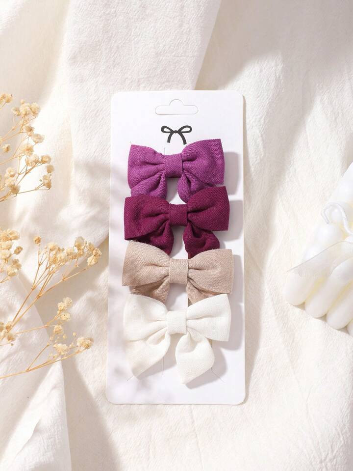 4pcs Solid Color Linen Alligator Hair Clips With Bow Design For Kids' Hair Accessory | SHEIN