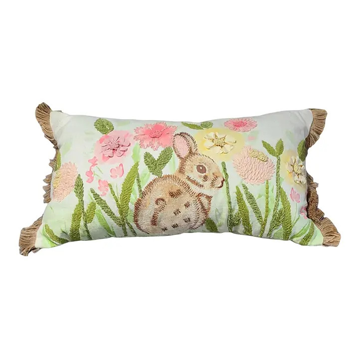 Embroidered Floral Spring Garden Linen Fringe Lumbar Pillow | Chairish
