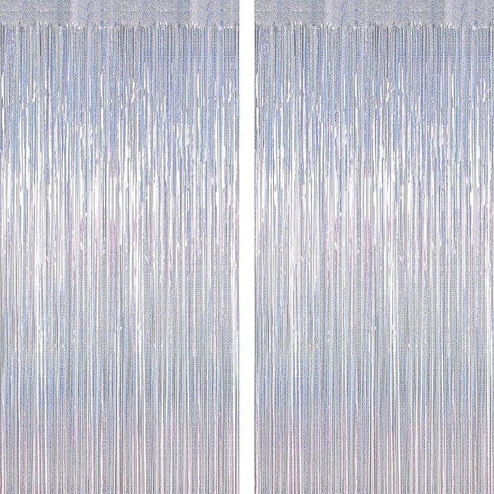 2 Pack Silver Metallic Tinsel Foil Curtains, 3.28 FT x 7.05 FT Glitter Silver Fringe Curtains, Ne... | Amazon (US)