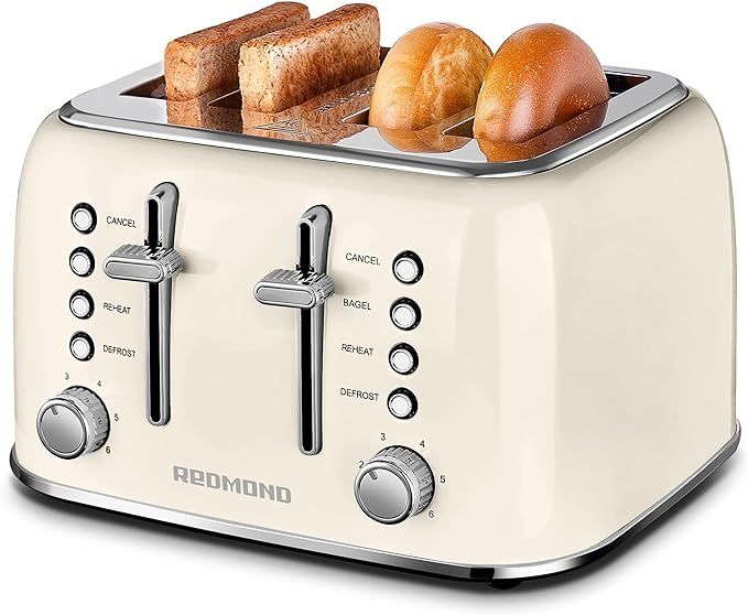 REDMOND Toaster 4 Slice, Retro Stainless Steel Toaster with Extra Wide Slots Bagel, Defrost, Rehe... | Amazon (US)