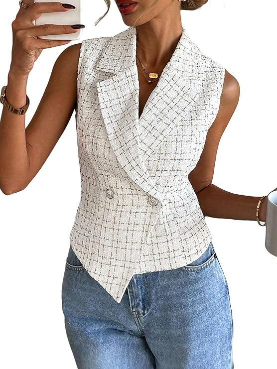 Mina Self 2026 Spring Women'S Tweed Plaid Vest Tops - Sleeveless cropped Cute Fully-Lined Work Ca... | Amazon (US)