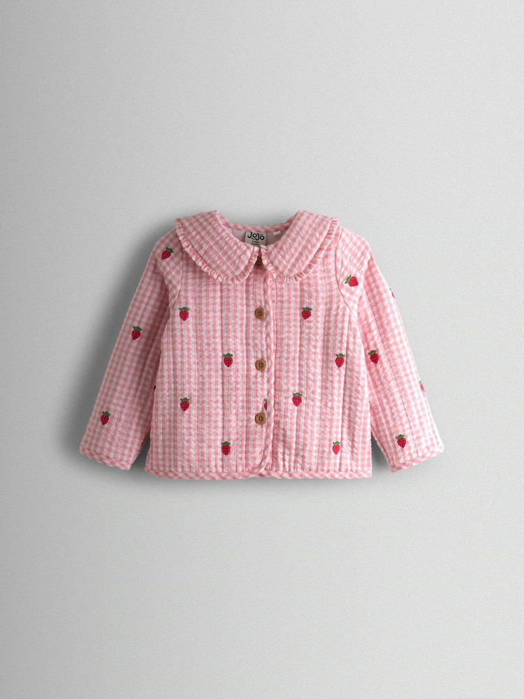 JoJo Maman Bébé Pink Strawberry Embroidered Gingham Quilted Jacket | Next US
