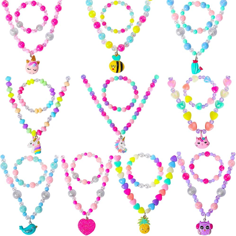 PinkSheep Jewelry Sets Beaded Necklace and Beads Bracelet for Kids Girls 10 Sets Unicorn Cat Merm... | Amazon (US)