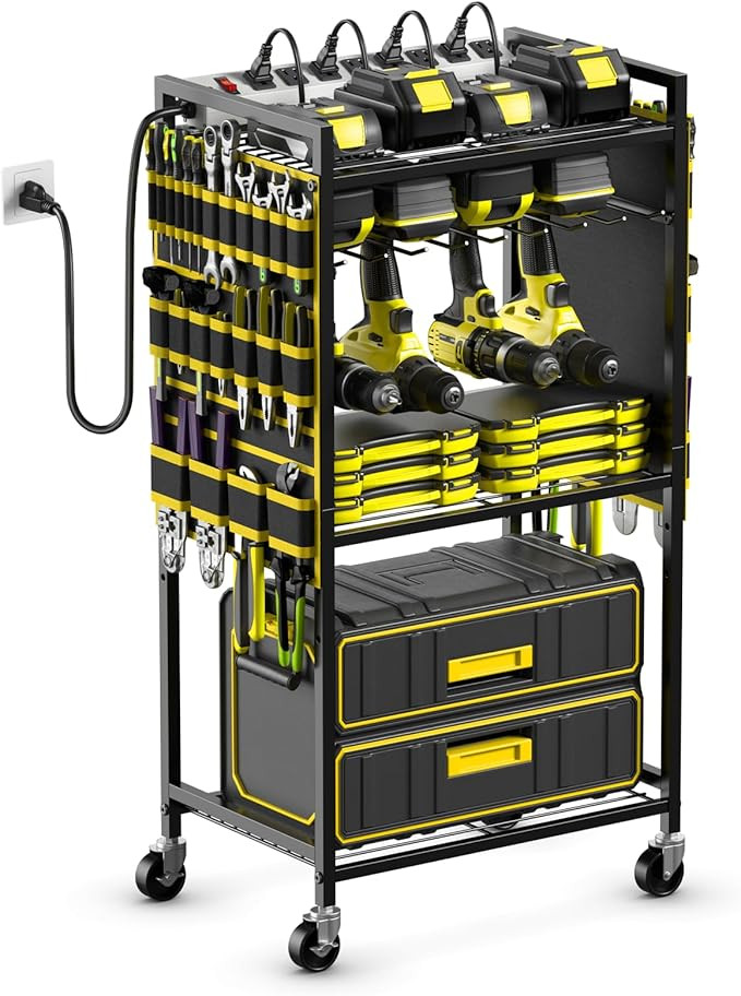 Large Power Tool Organizer Cart with Charging Station, Garage Floor Standing Rolling Drill and To... | Amazon (US)