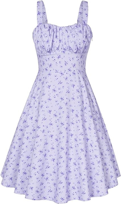 Belle Poque Women's Vintage Sleeveless Solid Floral Ruched Summer Cute A-Line Flowy Swing Midi Dr... | Amazon (US)