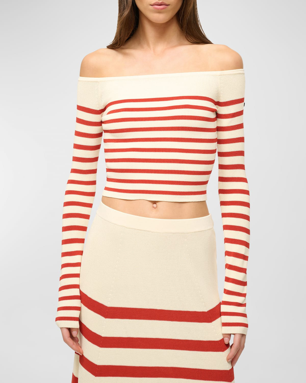 Float Off-Shoulder Stripe Knit Crop Top | Neiman Marcus