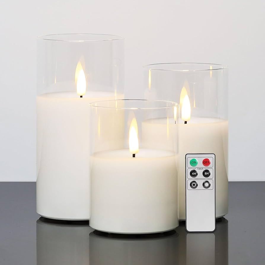 Eywamage Clear Glass Flameless Pillar Candles with Remote, Flickering LED Battery Wax Candles Φ ... | Amazon (US)