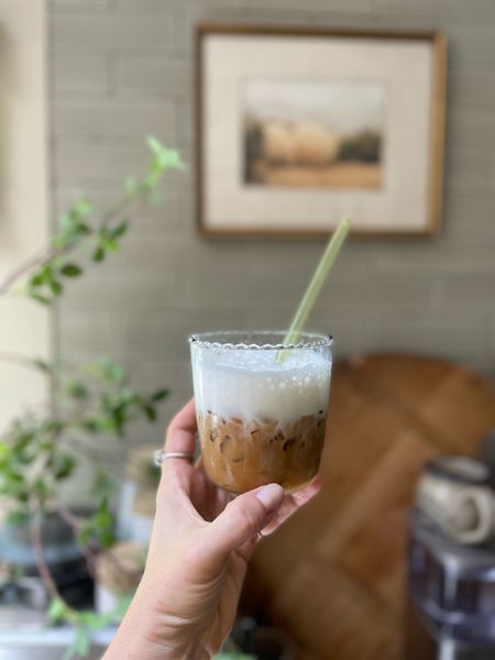 Iced latte but with foamy milk. The Zulay Milk Hand Frother from Amazon is the best! 

World Market, ruffled glasses, summer drink, crushed ice 

#LTKhome #LTKunder50 #LTKFind