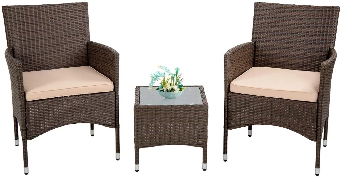 Patio Furniture Sets 3 Pieces Wicker Bistro Set Outdoor, Khaki Cushion - Walmart.com | Walmart (US)
