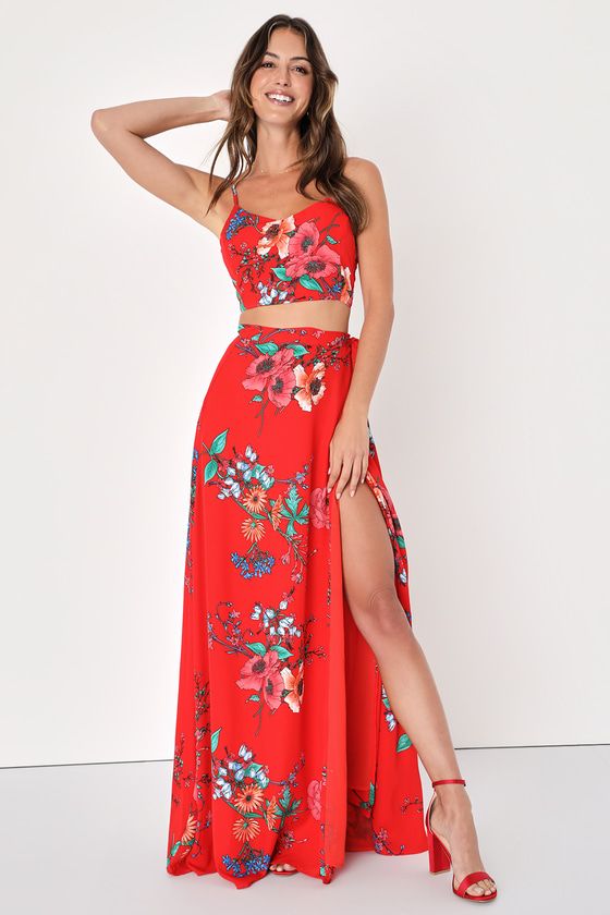 Bloom With a View Red Floral Print Two-Piece Maxi Dress | Lulus (US)