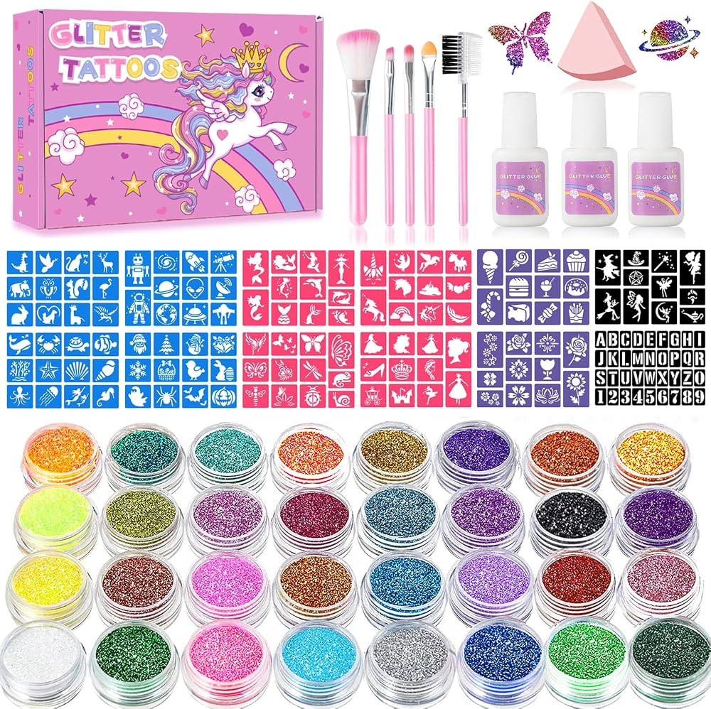 Temporary Glitter Tattoos Kit for Kids, 32 Colors, 165 Stencils, 3 Glue, 5 Brushes, 1 Powder Puff... | Amazon (US)