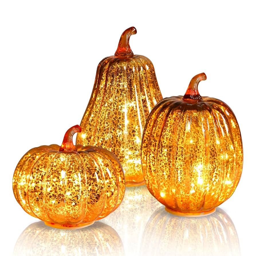 3 Pcs Glass Pumpkin Lights with Timer Fall Decor Pumpkins Decoration LED Lighted Collectible Than... | Amazon (US)